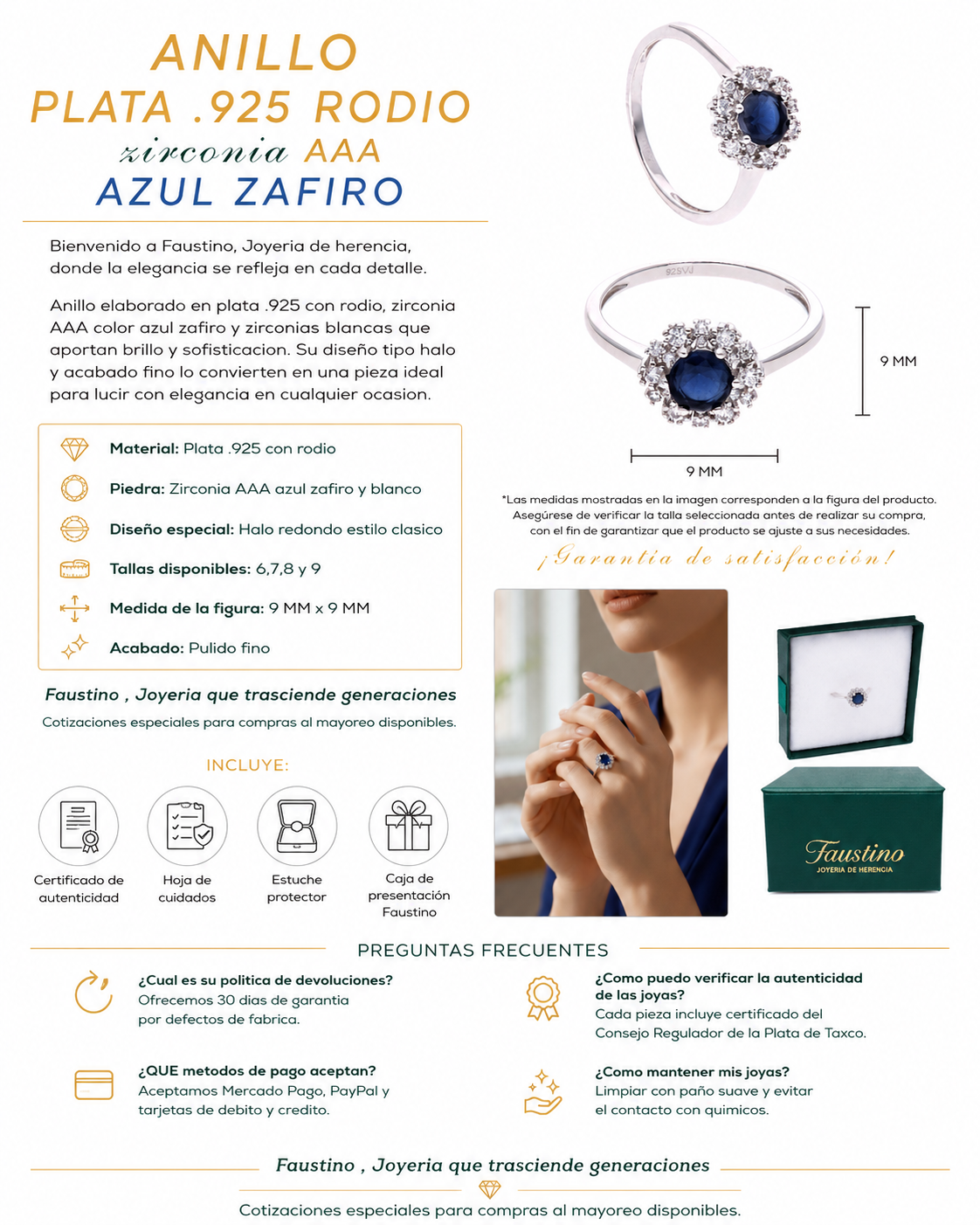 ANILLO  EN PLATA LEY .925, CON RODIO , ZIRCONIA AAA   AZUL ZAFIRO Y BLANCO, REDONDO