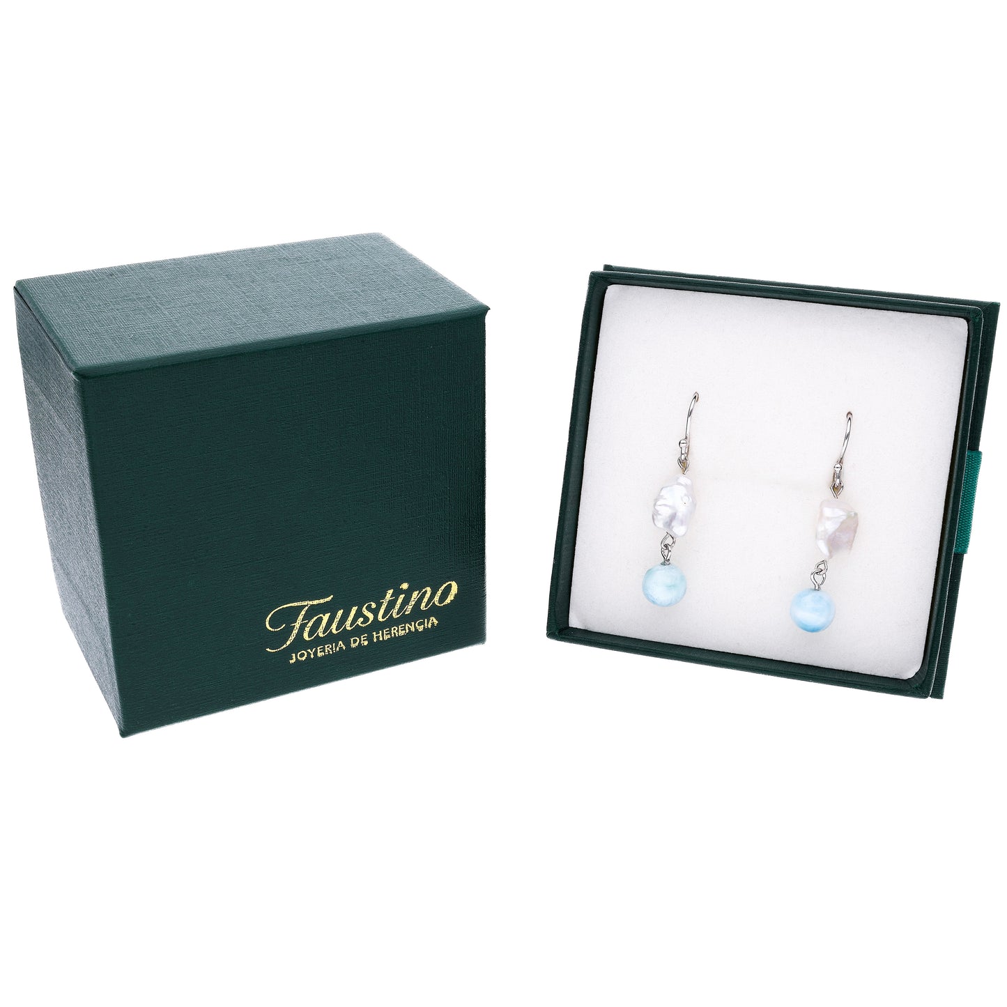 Arete Colgante Perla y Larimar en Plata.925